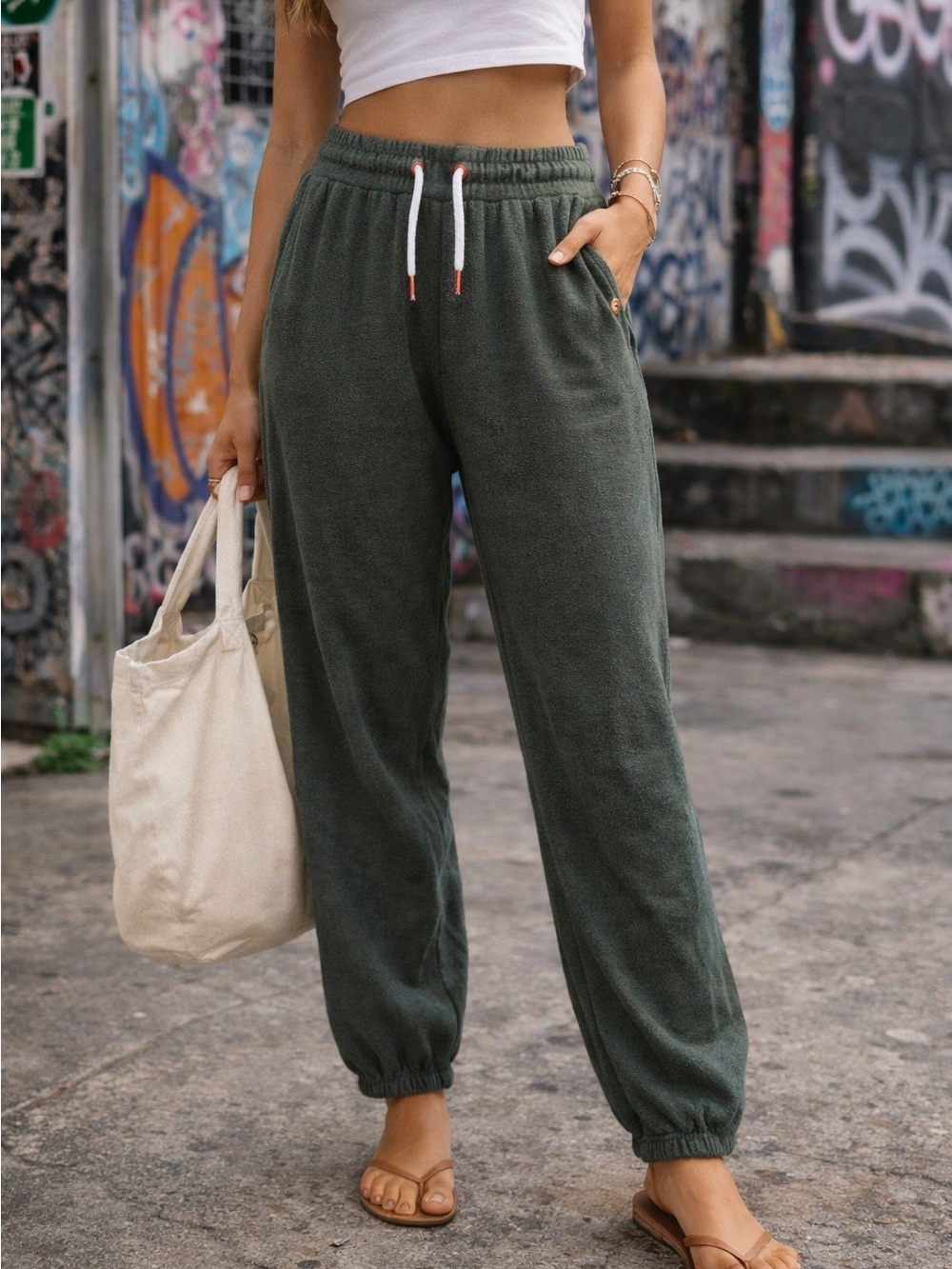 Volcom Lived In Lounge Jogger Pants Grey Green Drawstring Sweatpants Women S - Picture 2 of 9